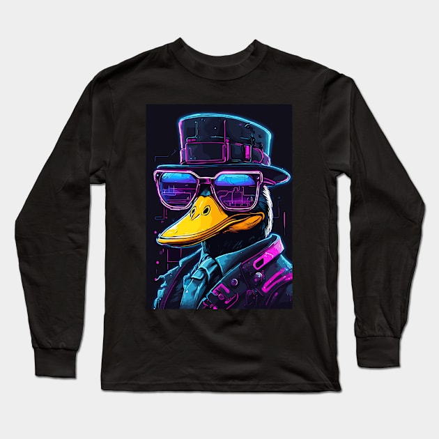 Cool Cyberpunk Duck Wearing Glasses Neon Long Sleeve T-Shirt by Art-Jiyuu